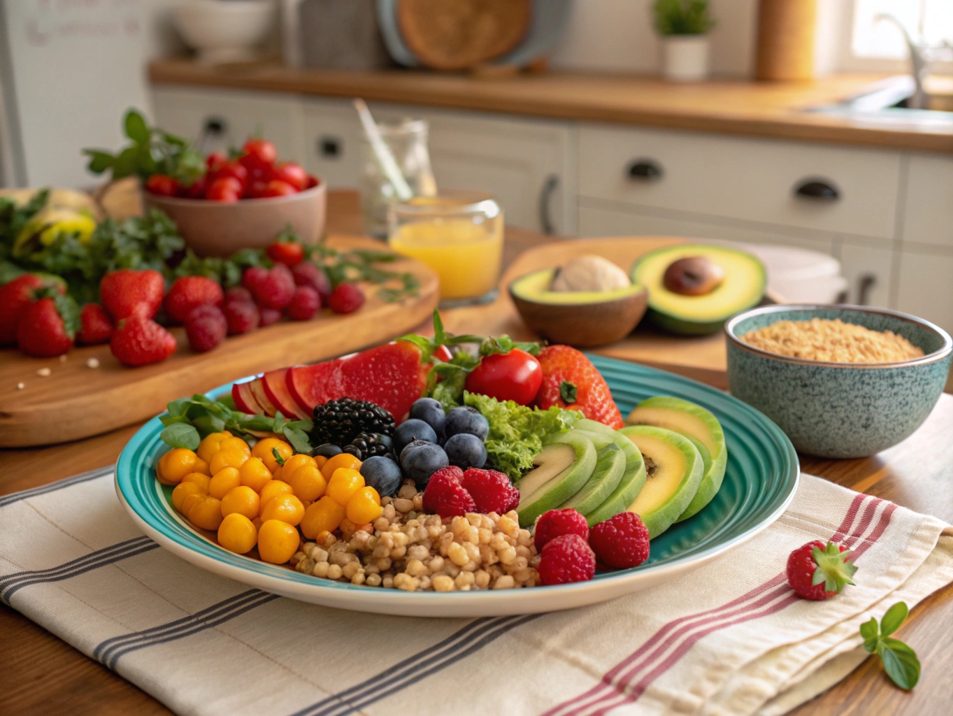 En färgglad tallrik med glutenfri och laktosfri mat